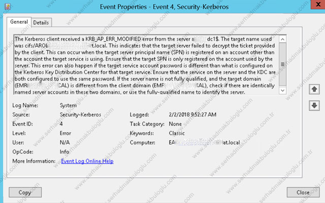 SECURITY KERBEROS ERROR - KRB_AP_ERR_MODIFIED - EVENT ID 4 | Serhad ...