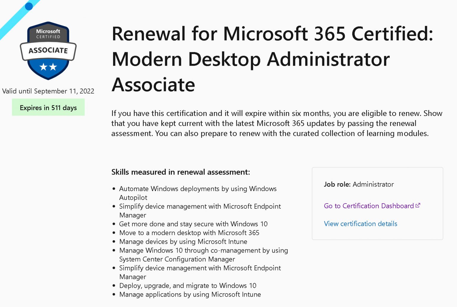 Renewal for Microsoft 365 Certified Modern Desktop Administrator